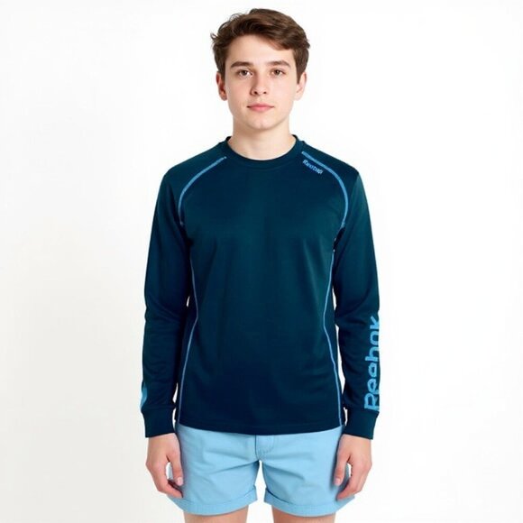 Reebok boys training shirt long sleeve play dry black with blue stitching Size L - Picture 1 of 14